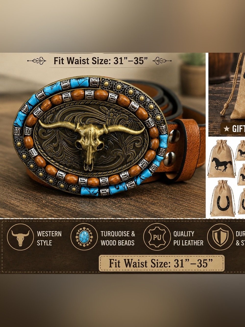 Western Longhorn Skull Belt Buckle PU Leather Belt Gift Bag Included